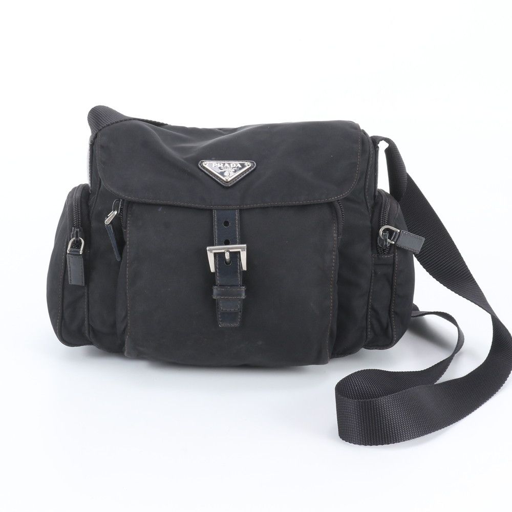 Prada Tessuto Nylon Triangle Logo Leather Shoulder Bag Crossbody Messenger Black