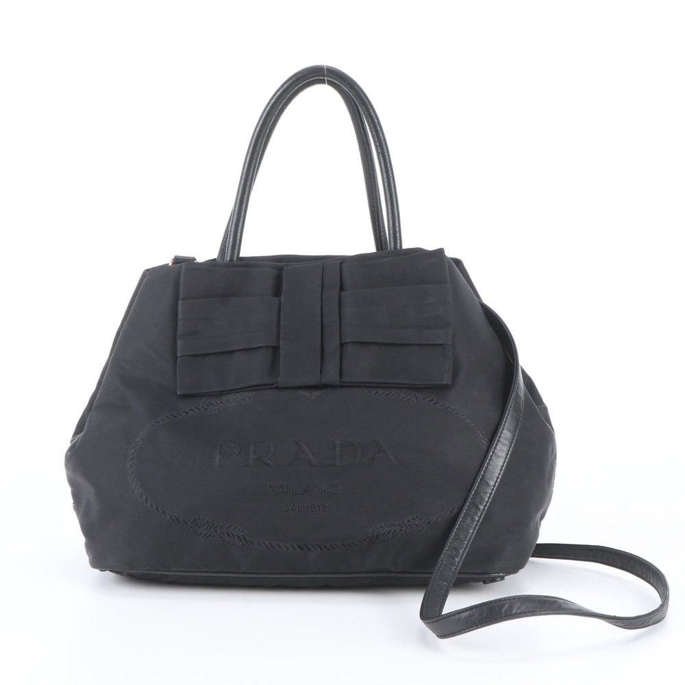Prada Tessuto Nylon Ribbon Motif 2-Way Tote Bag Crossbody Shoulder Black