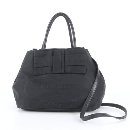 Prada Tessuto Nylon Ribbon Motif 2-Way Tote Bag Crossbody Shoulder Black