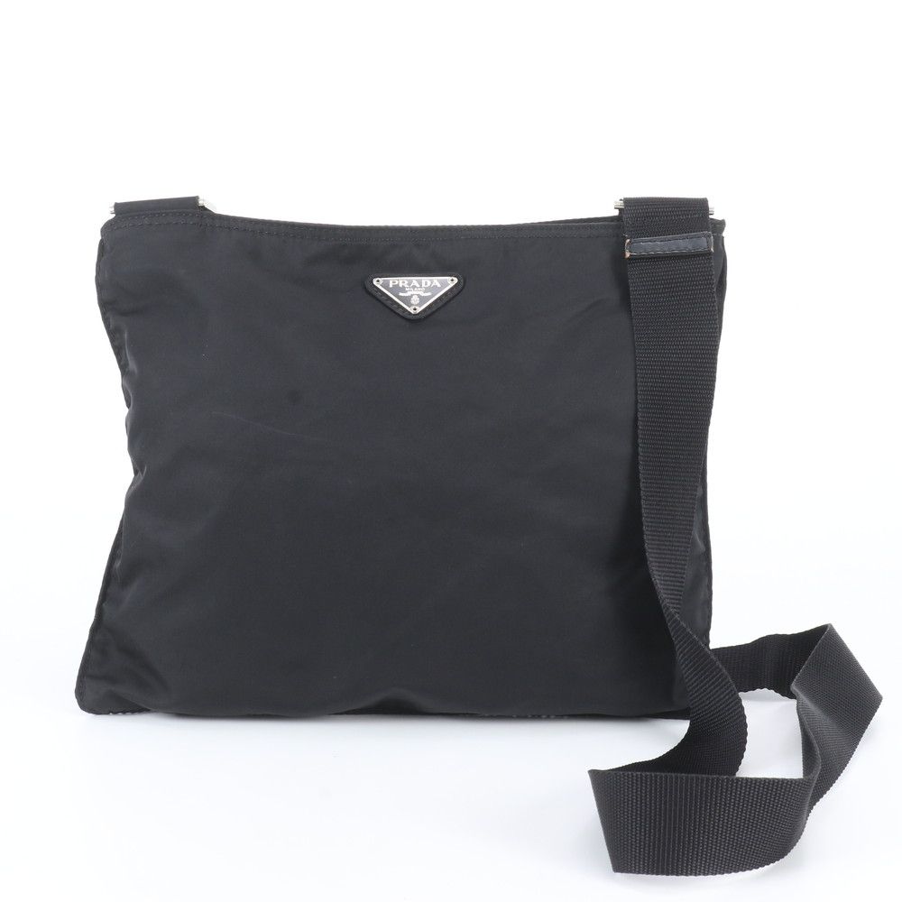 Prada Tessuto Nylon Triangle Logo Leather Shoulder Bag Crossbody Messenger Black