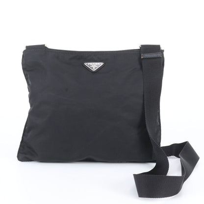 Prada Tessuto Nylon Triangle Logo Leather Shoulder Bag Crossbody Messenger Black