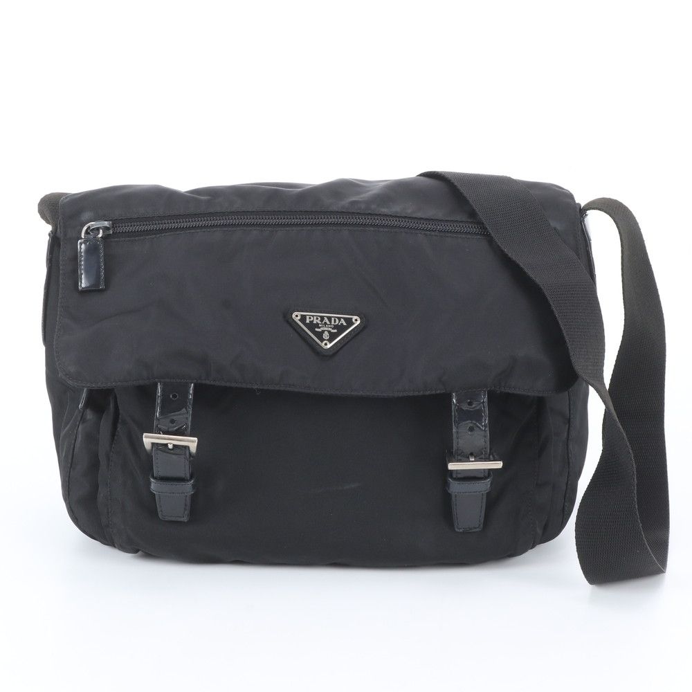 Prada Tessuto Nylon Triangle Logo Leather Shoulder Bag Crossbody Messenger Black