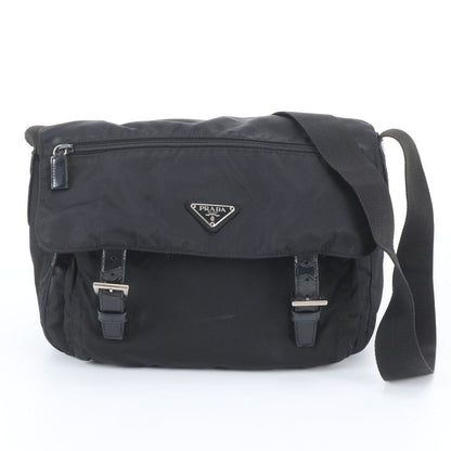 Prada Tessuto Nylon Triangle Logo Leather Shoulder Bag Crossbody Messenger Black