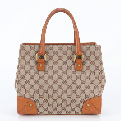 Gucci GG Canvas Studs Leather Handbag Tote Brown