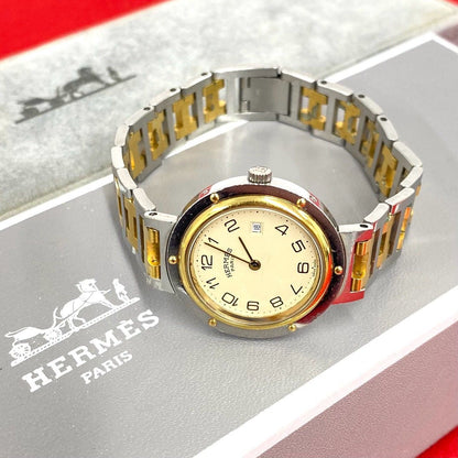 Hermes Clipper Stainless Quartz Watch Wrist Silver Gold