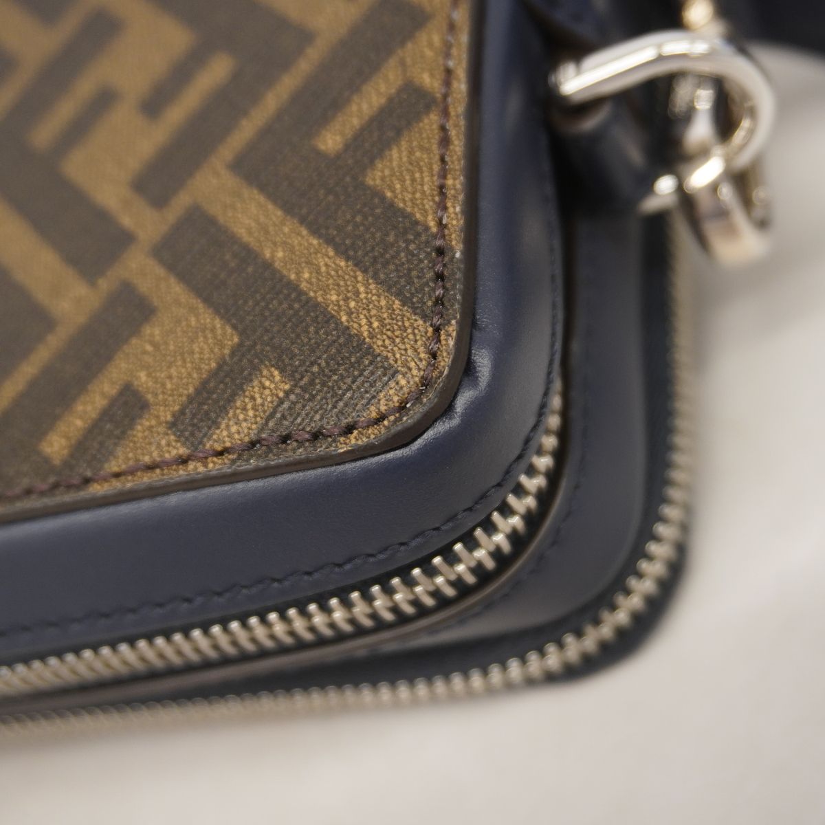Fendi Shoulder Bag Zucca Leather Navy Khaki Silver — view 7