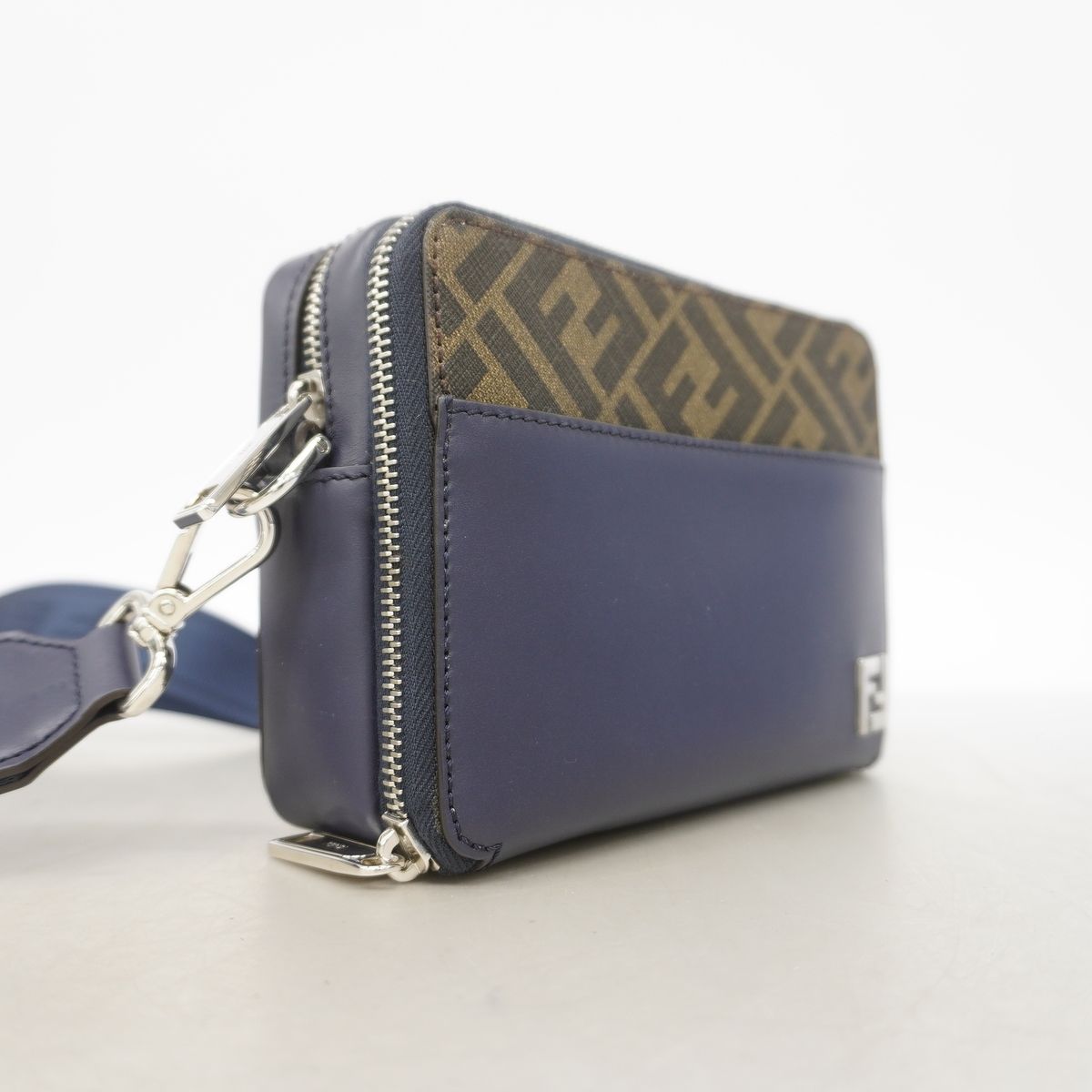 Fendi Shoulder Bag Zucca Leather Navy Khaki Silver — view 2
