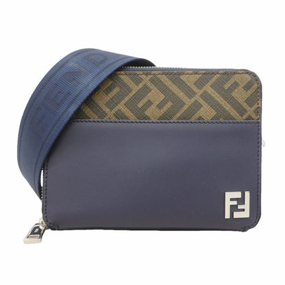 Fendi Shoulder Bag Zucca Leather Navy Khaki Silver