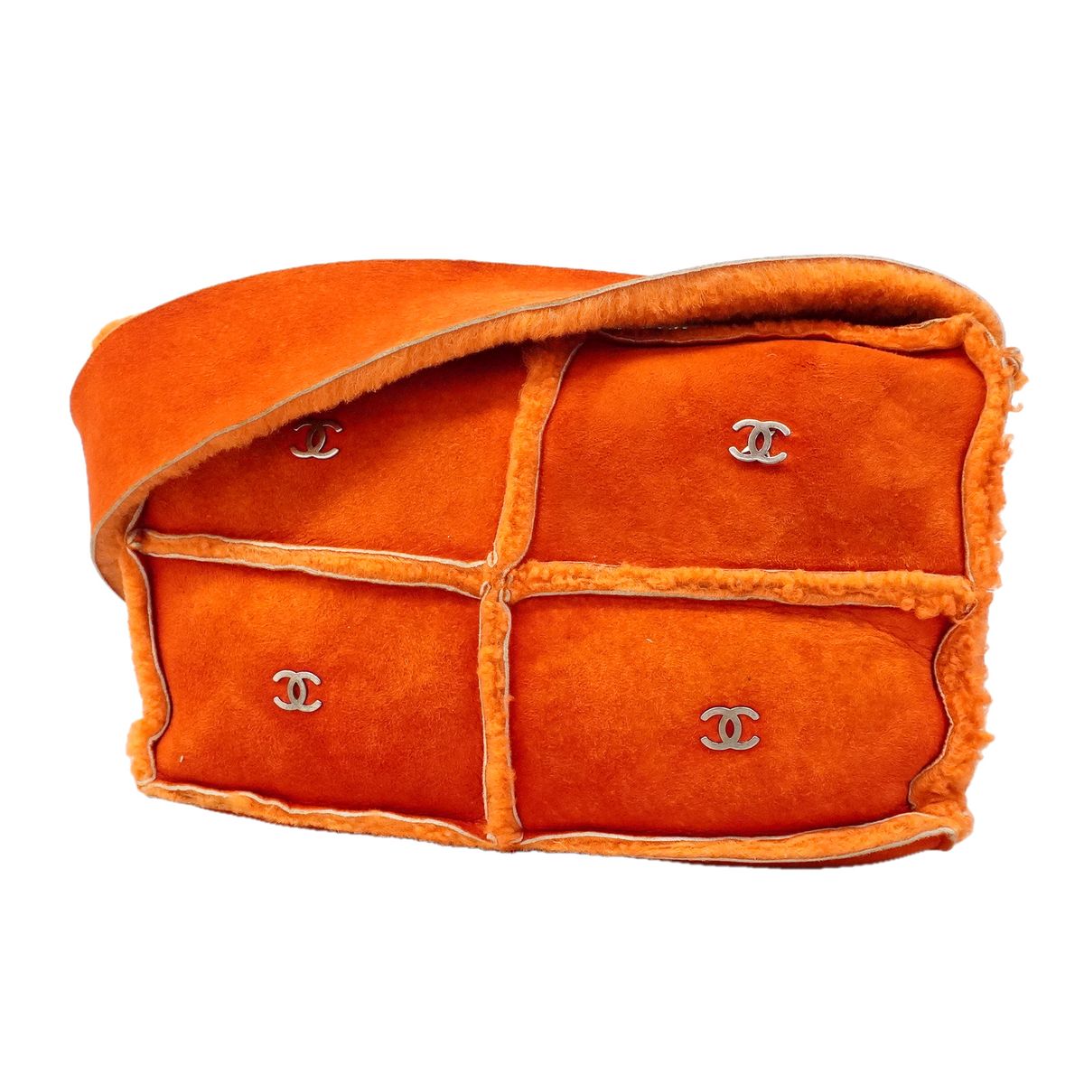 Chanel Shoulder Bag Shearling Orange Silver
