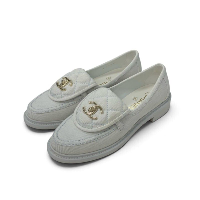 Chanel Loafers Leather Shoes Canvas Light Blue Gold CC Logo Turnlock