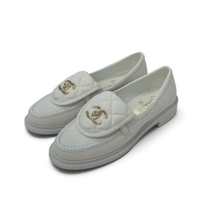 Chanel Loafers Leather Shoes Canvas Light Blue Gold CC Logo Turnlock
