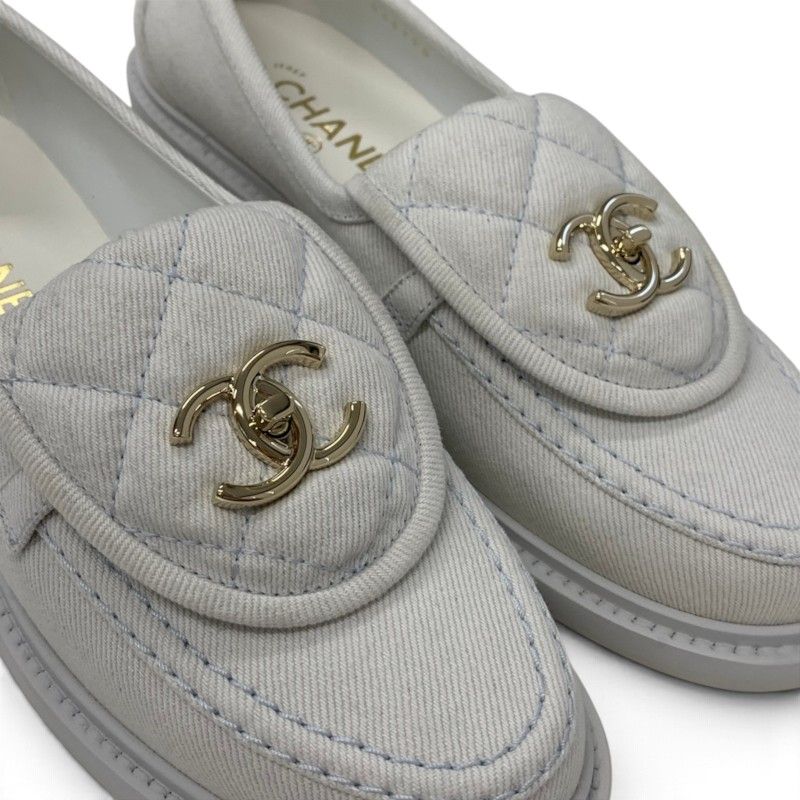 Chanel Loafers Leather Shoes Canvas Light Blue Gold CC Logo Turnlock — view 8