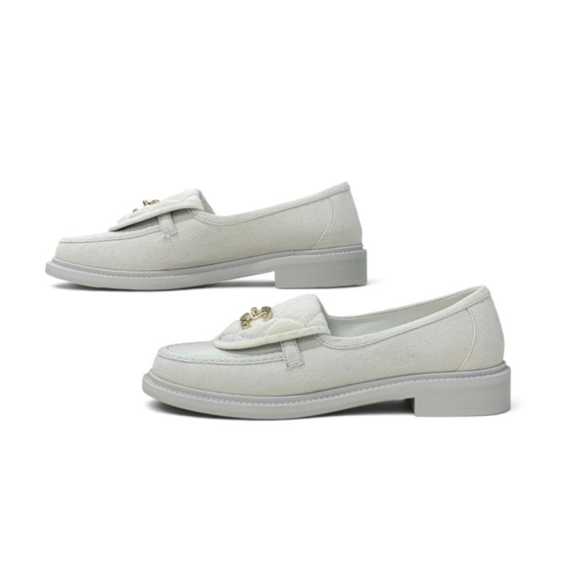 Chanel Loafers Leather Shoes Canvas Light Blue Gold CC Logo Turnlock — view 3