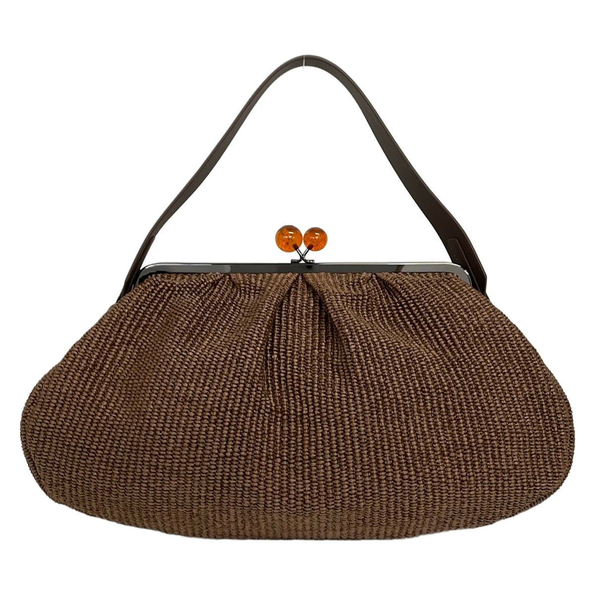 Max Mara Weekend Handbag Pasticino Dark Brown Raffia Style Kiss Lock Cotton