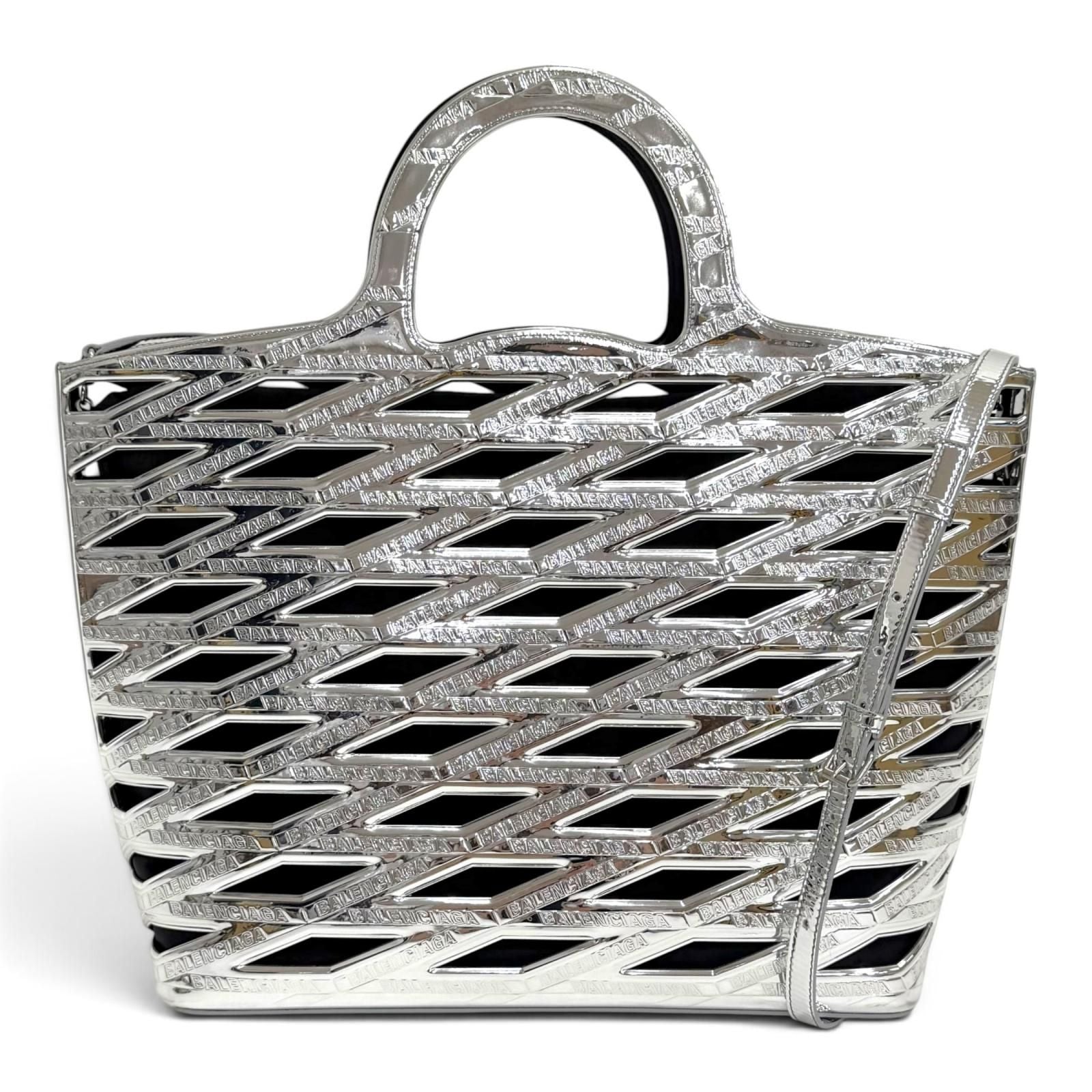 Balenciaga Neo Basket Logo 2-Way Tote Shoulder Bag Silver Black