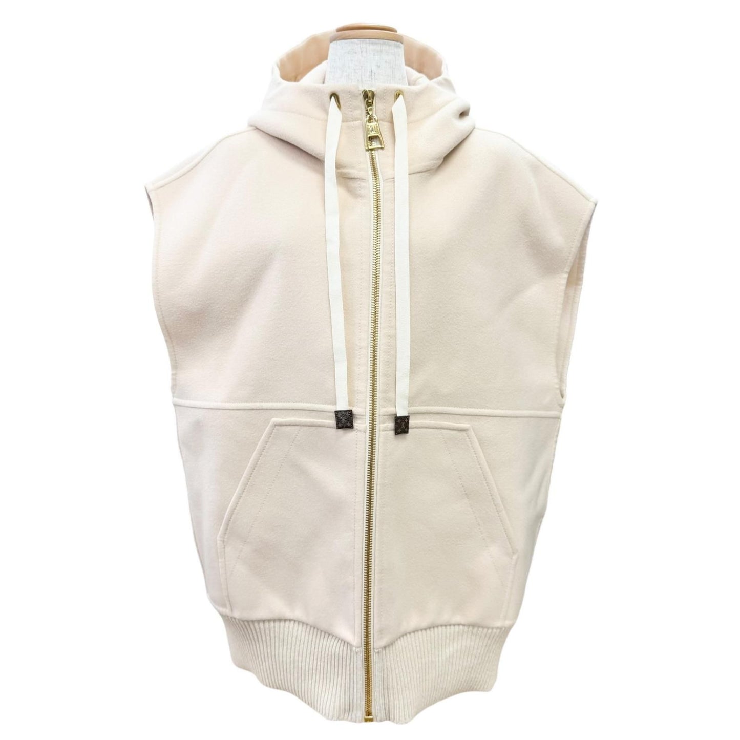 Louis Vuitton Wool Silk Liningantant Monogram with Hood Zip Up Vest Beige 34