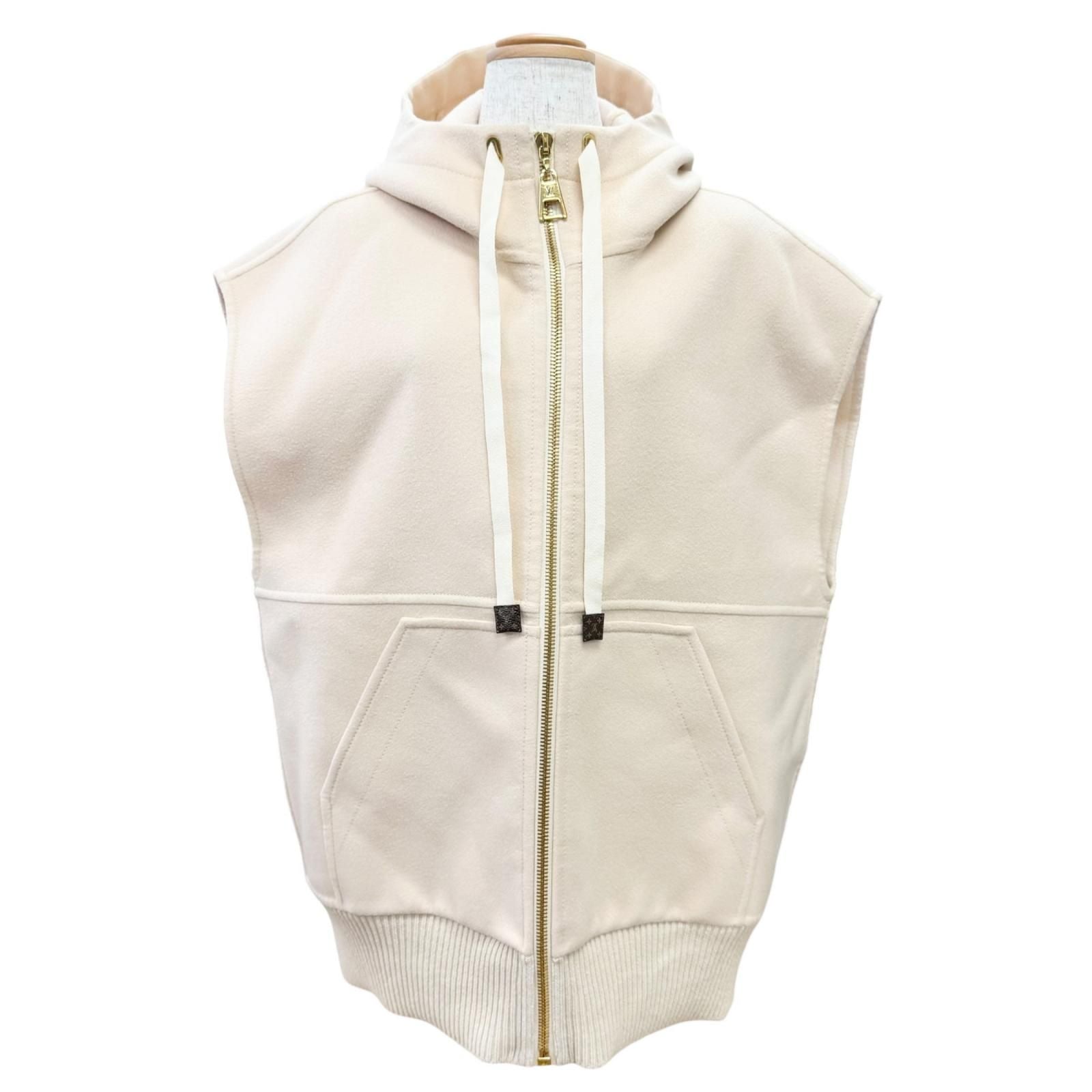 Louis Vuitton Wool Silk Liningantant Monogram with Hood Zip Up Vest Beige 34