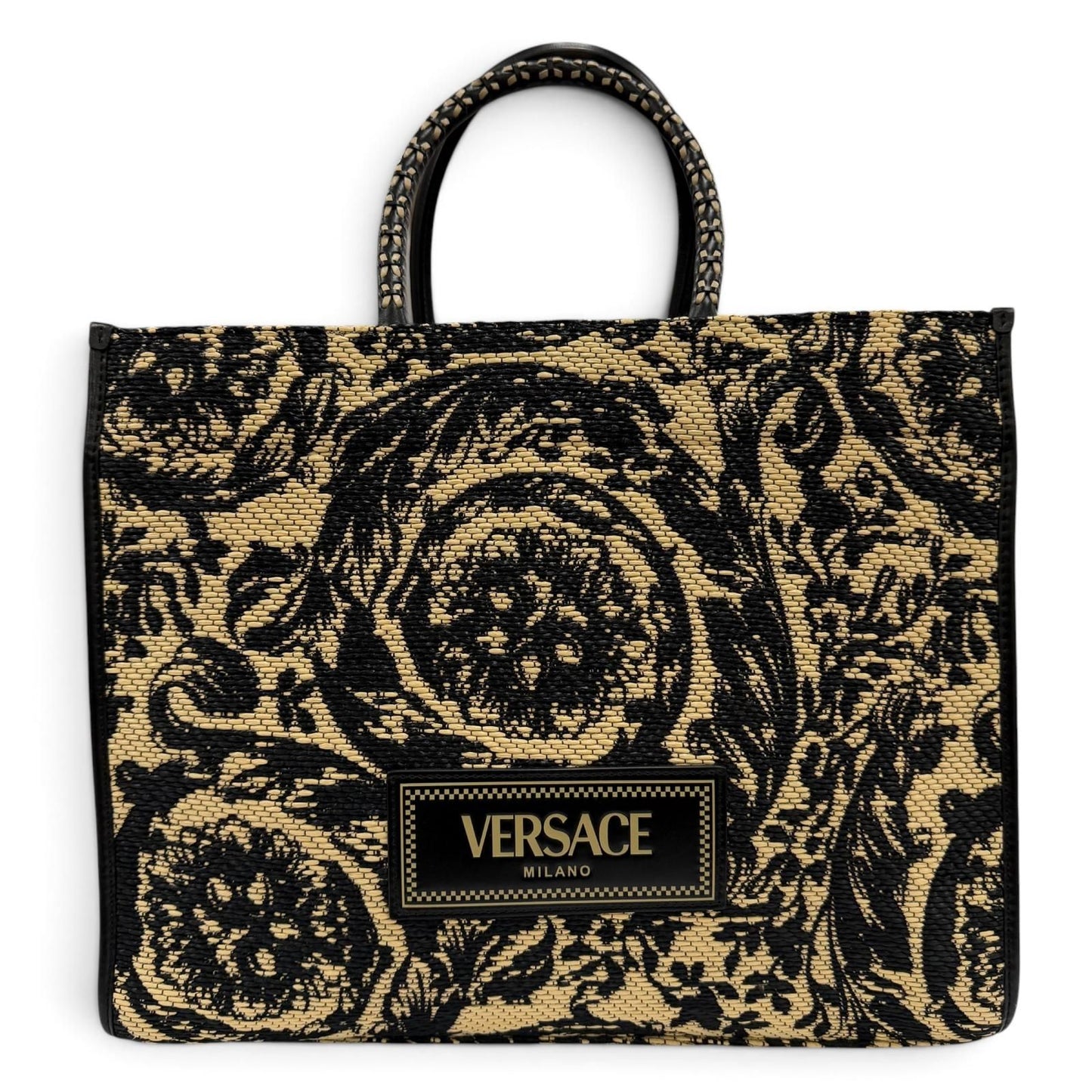 Versace Barocco Athena Raffia Tote Bag Natural Black