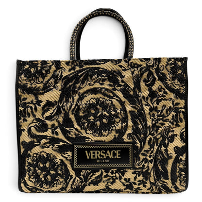 Versace Barocco Athena Raffia Tote Bag Natural Black