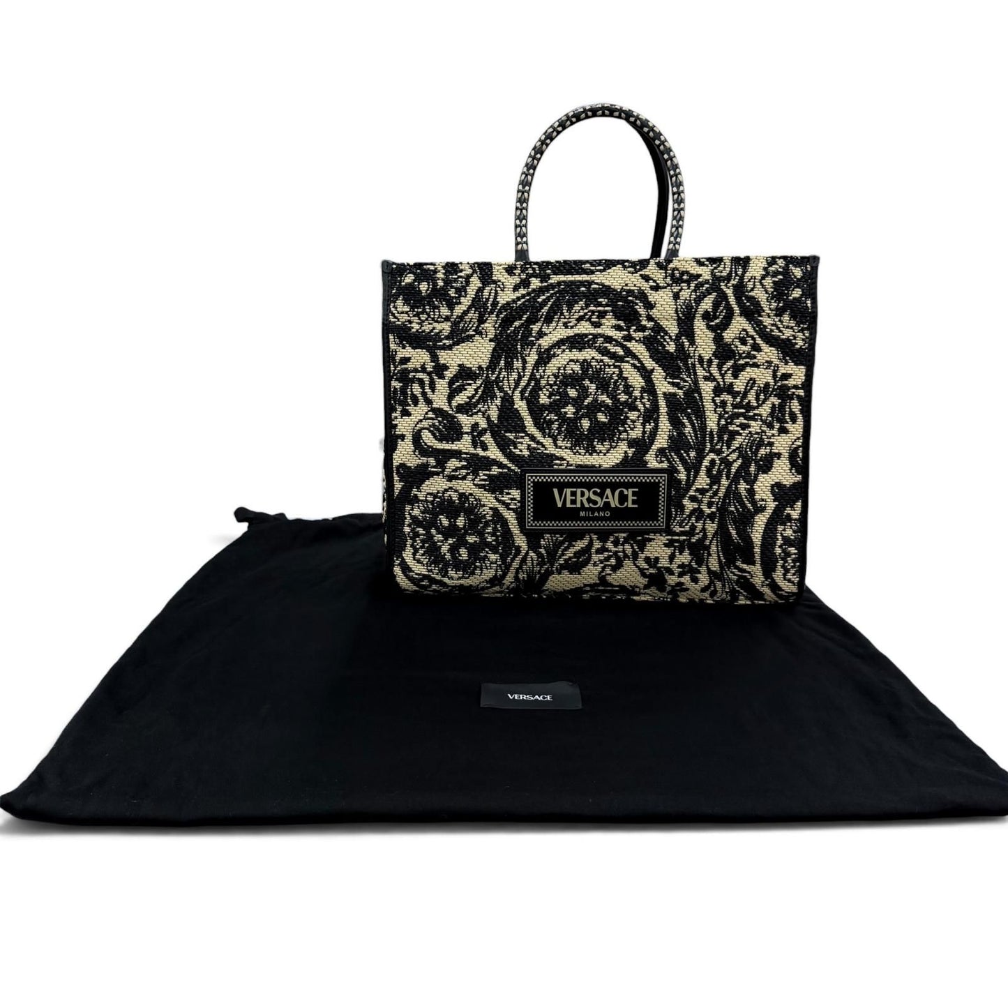Versace Barocco Athena Raffia Tote Bag Natural Black — view 2