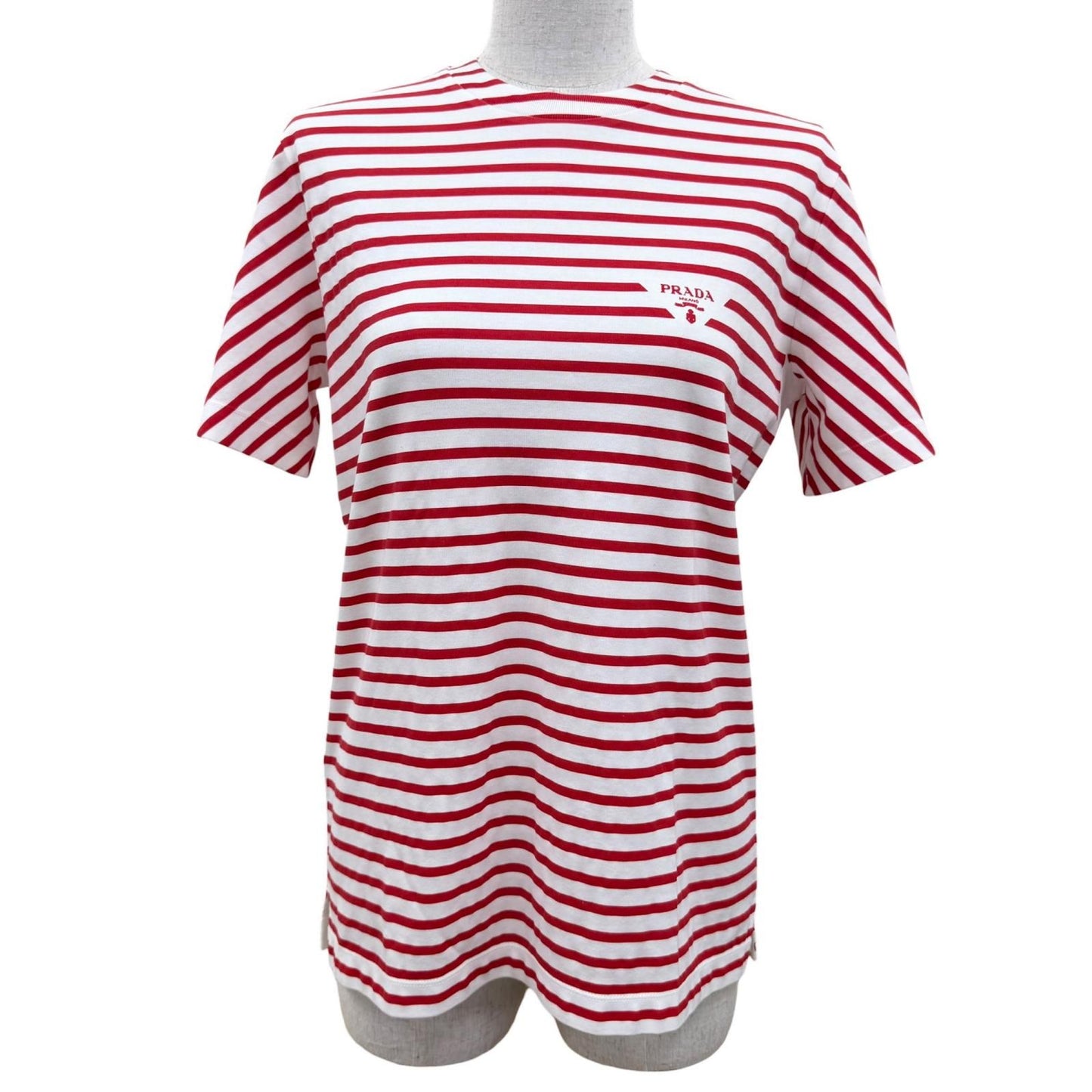 Prada Triangle Logo Border Crew Neck Short Sleeve T-Shirt Red White XS