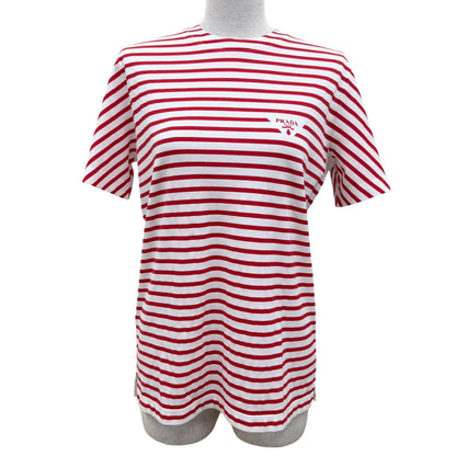 Prada Triangle Logo Border Crew Neck Short Sleeve T-Shirt Red White XS