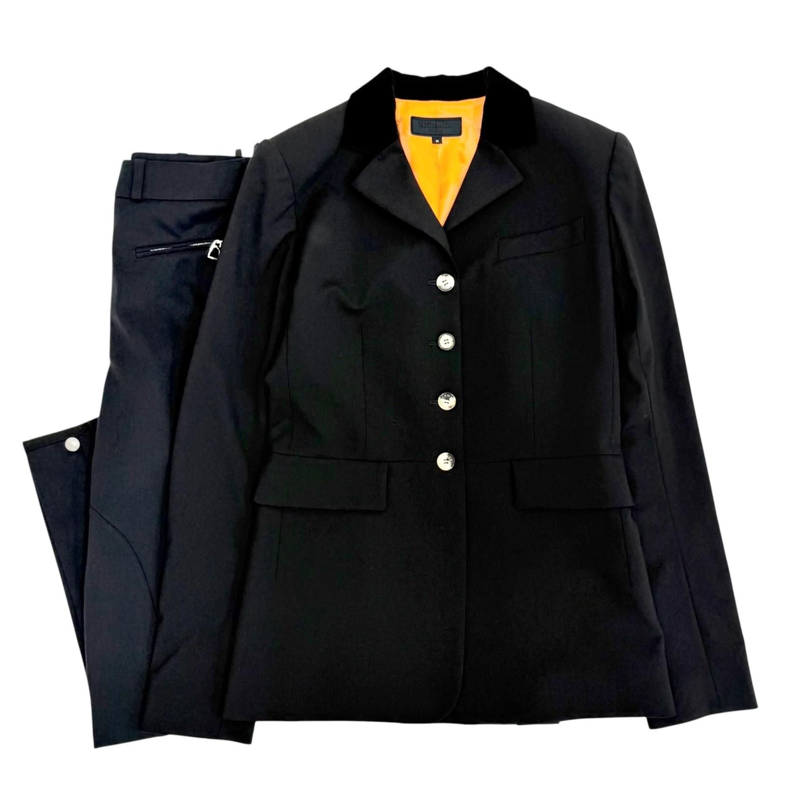 Hermes Wool Sellier Buttons Horse Riding Jacket Pants Set Black
