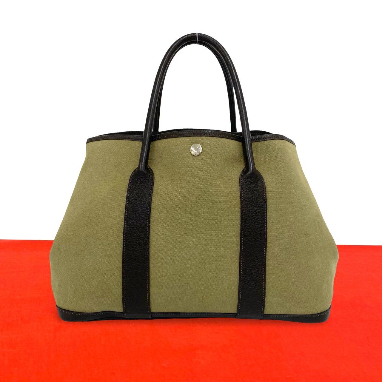 Hermes Garden Party PM Toile Officier Buffalo Tote Bag Khaki Nicotine
