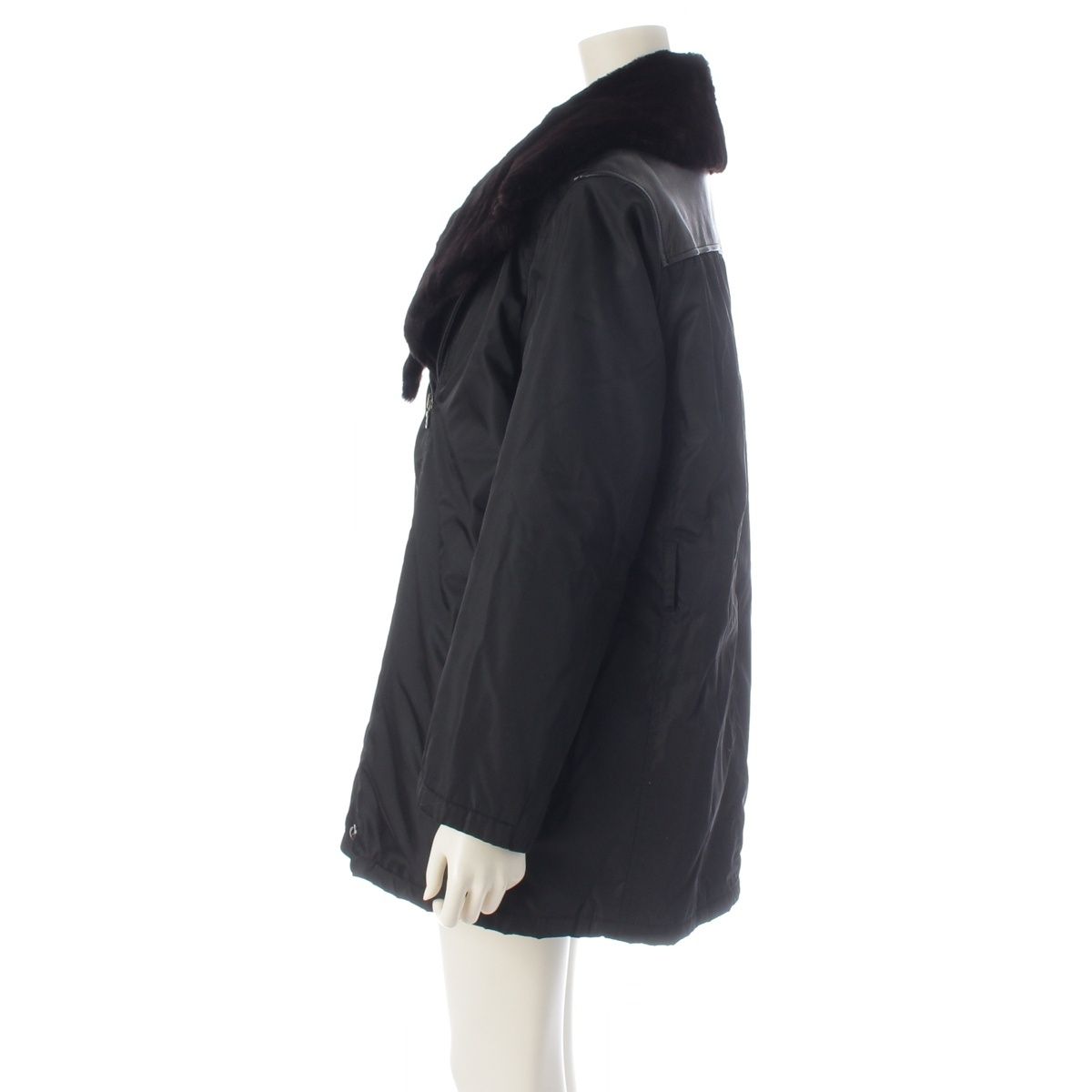 Prada W Archive Leather Nylon Fur Contrast Rider's Coat Black 42 — view 3