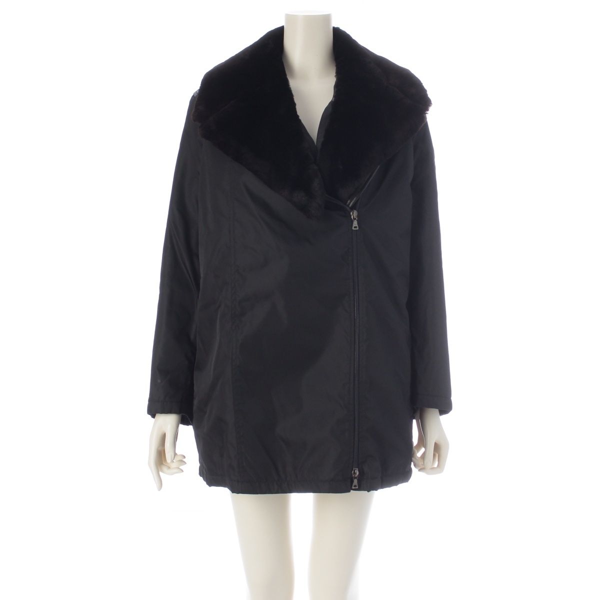 Prada W Archive Leather Nylon Fur Contrast Rider's Coat Black 42