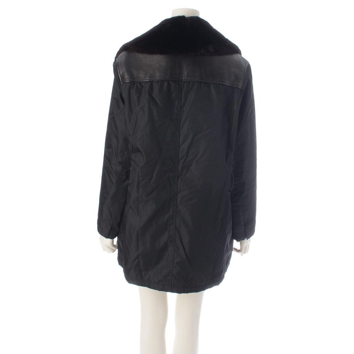Prada W Archive Leather Nylon Fur Contrast Rider's Coat Black 42 — view 4
