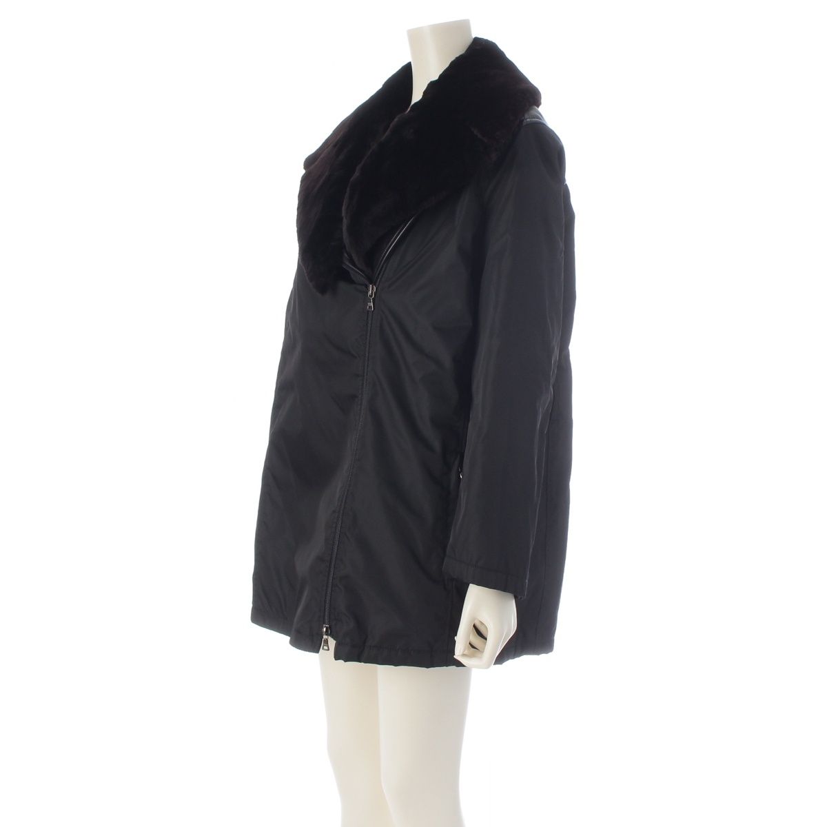 Prada W Archive Leather Nylon Fur Contrast Rider's Coat Black 42 — view 2