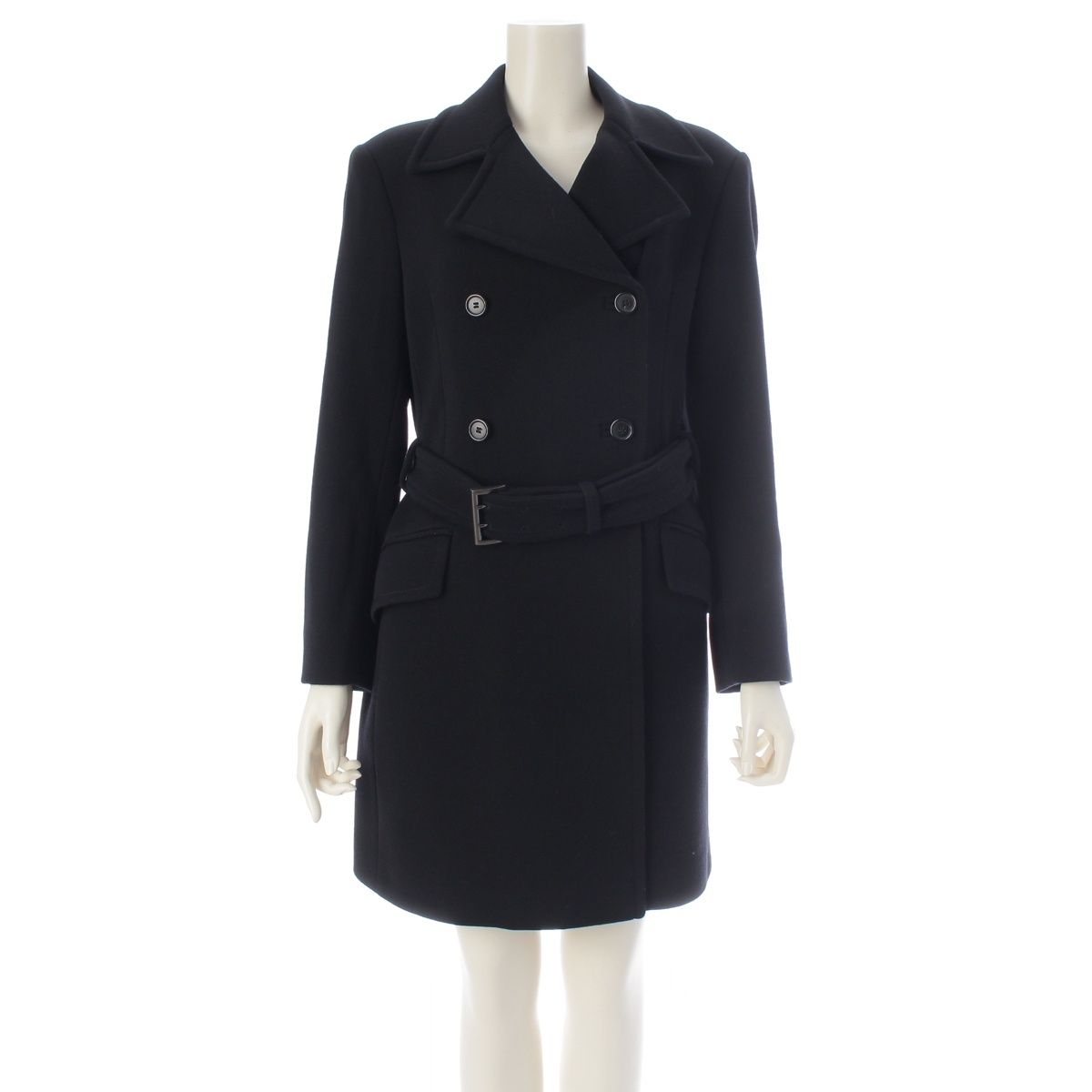 Prada Archives Double Breasted Wool Rayon Long Belted Coat Dark Navy Black 42