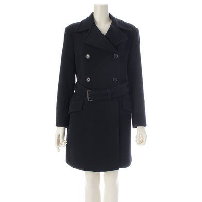 Prada Archives Double Breasted Wool Rayon Long Belted Coat Dark Navy Black 42