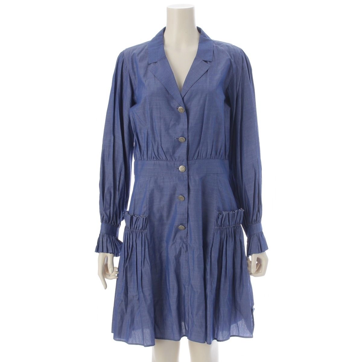 Chanel Cotton CC Logo Button Chambray Dress Blue 40
