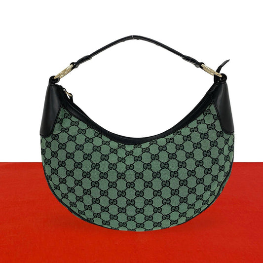 Gucci GG Logo Pattern Canvas Leather Shoulder Bag Green Black