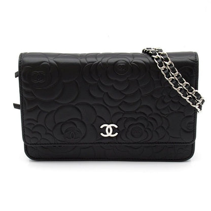 Chanel Camellia Chain Wallet Lambskin Black Shoulder Bag