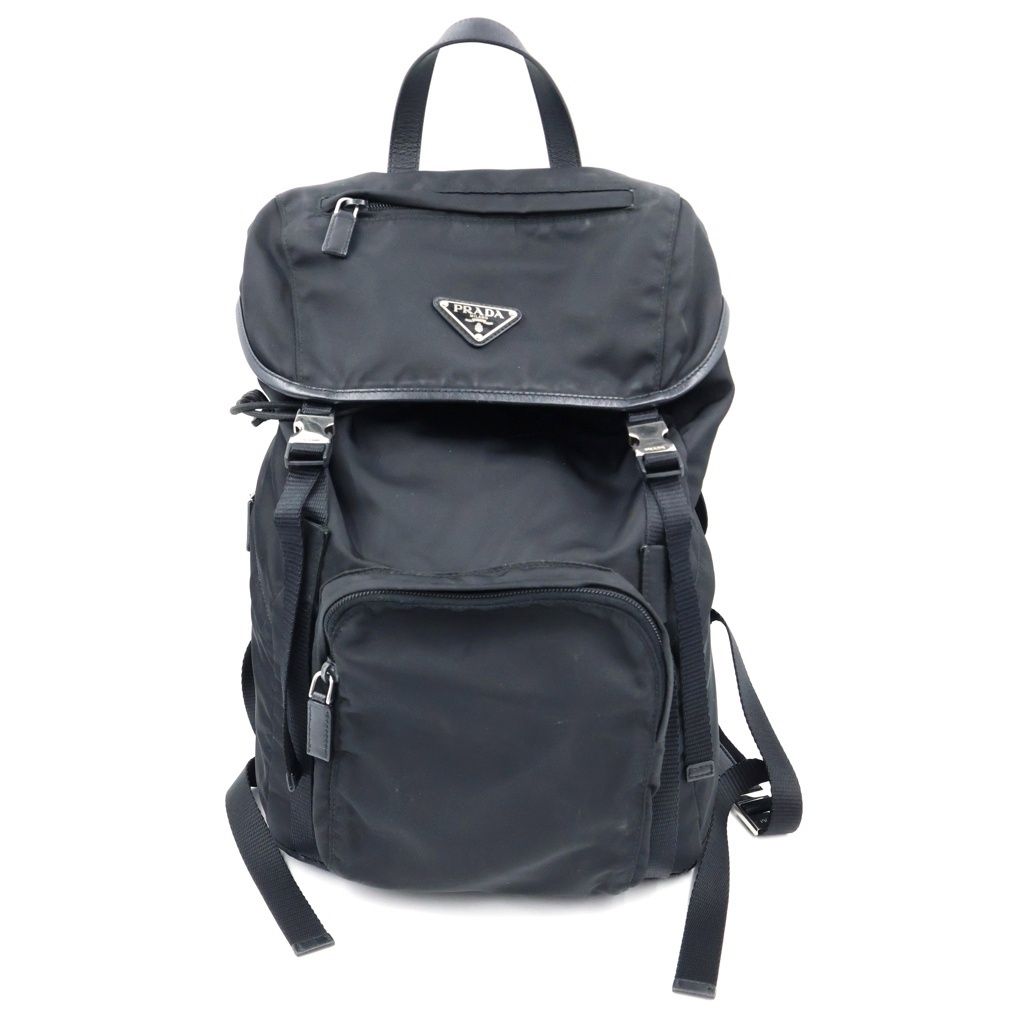 Prada Re-Nylon Logo Triangular Plate Backpack Black Nylon Leather Silver