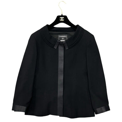 Chanel Vintage Satin Ribbon CC Logo Wool Set Jacket Skirt Black 38