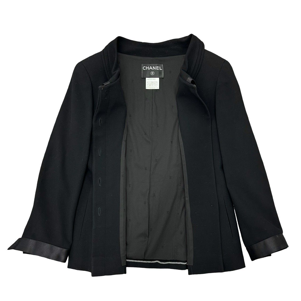 Chanel Vintage Satin Ribbon CC Logo Wool Set Jacket Skirt Black 38 — view 2