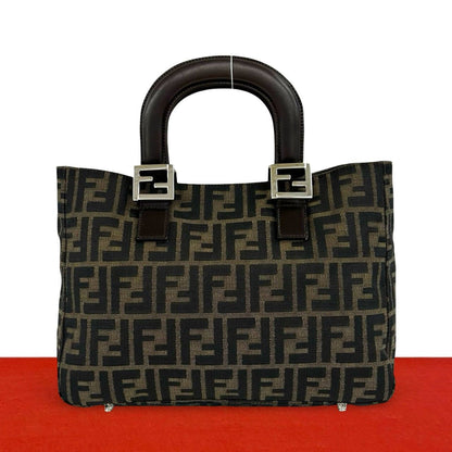 Fendi Zucca FF Pattern Logo Canvas Leather Book Handbag Mini Tote Brown Black