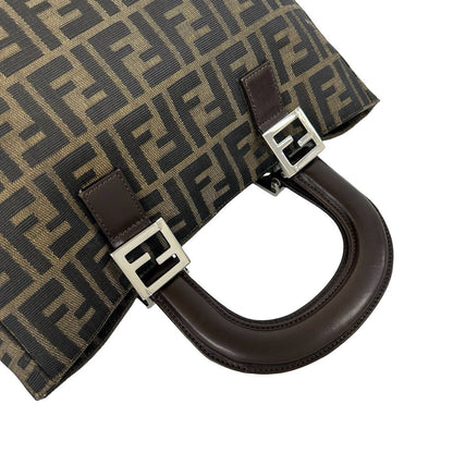 Fendi Zucca FF Pattern Logo Canvas Leather Book Handbag Mini Tote Brown Black — view 4