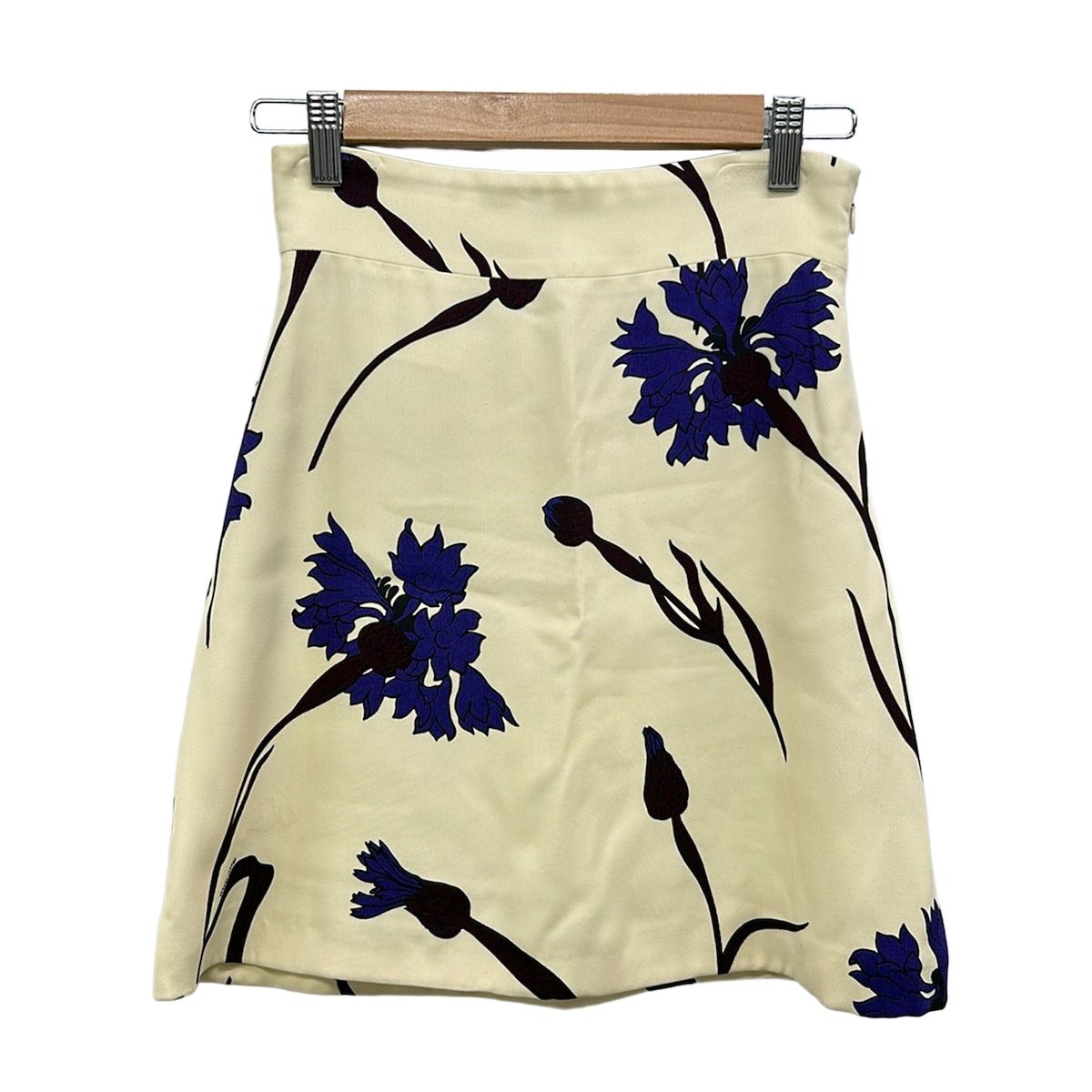 Miu Miu Skirt S Ivory Navy Dark Brown Knee Length Floral Pattern 36