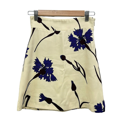 Miu Miu Skirt S Ivory Navy Dark Brown Knee Length Floral Pattern 36