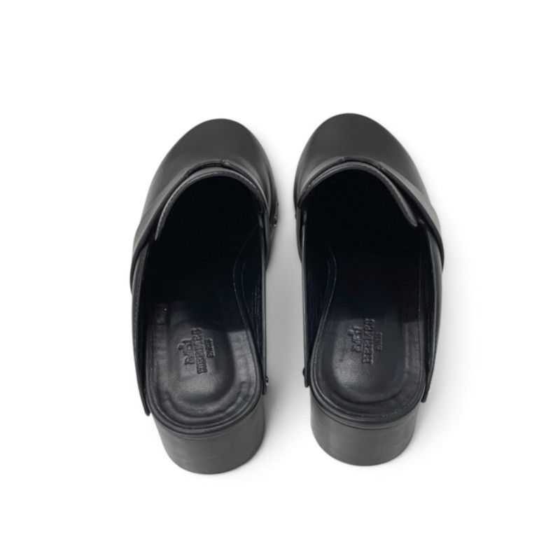 Hermes Calya Sandals Shoes Leather Wood Black Silver Studs Clog Mules — view 5