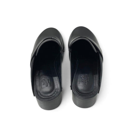 Hermes Calya Sandals Shoes Leather Wood Black Silver Studs Clog Mules — view 5