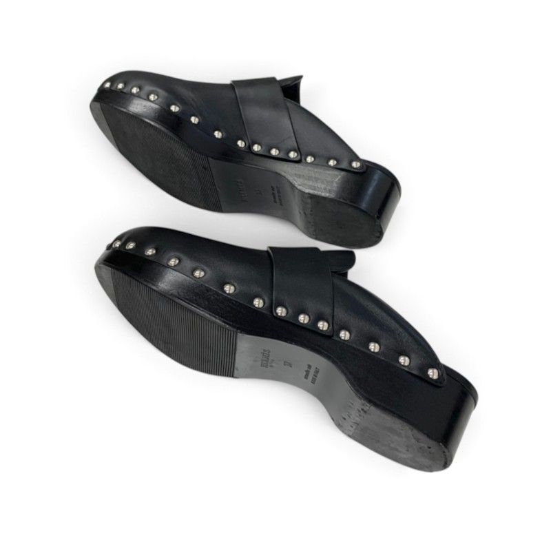 Hermes Calya Sandals Shoes Leather Wood Black Silver Studs Clog Mules — view 6