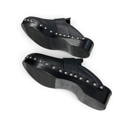 Hermes Calya Sandals Shoes Leather Wood Black Silver Studs Clog Mules — view 6
