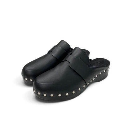 Hermes Calya Sandals Shoes Leather Wood Black Silver Studs Clog Mules