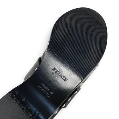 Hermes Calya Sandals Shoes Leather Wood Black Silver Studs Clog Mules — view 8